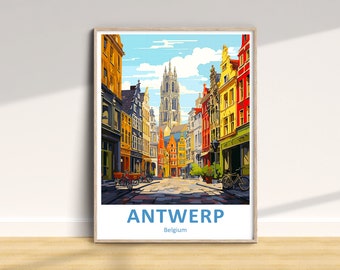 Antwerp Travel Print, Belgium Traditional Poster, Vacation Wall Art, Home Decor, Wedding Birthday Anniversary Gift, Colorful Art Style
