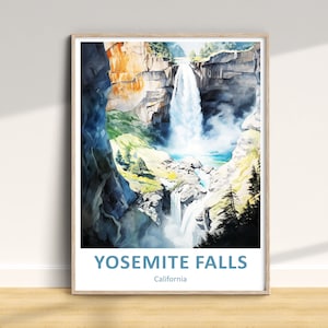 Yosemite Falls Travel Print, California Traditional Poster, Vacation Wall Art, Home Decor, Wedding Birthday Anniversary Gift, Colorful Water