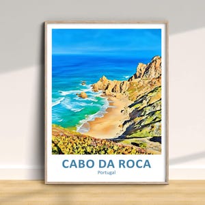 May include: A framed print of Cabo da Roca, Portugal. The image shows a coastal scene with a turquoise sea, sandy beach, and cliffs under a blue sky. The print features the text "CABO DA ROCA" and "Portugal".