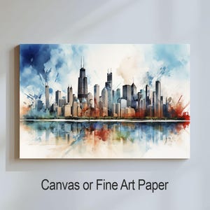 Stampa skyline della città di Chicago - Tela o carta per belle arti, stile acquerello, arte murale per viaggi e vacanze, regalo di lusso per matrimonio, compleanno, anniversario