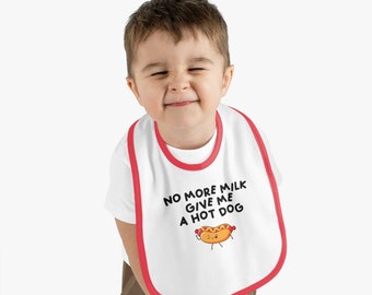 Geen melk meer, geef me een hotdog-slabbetje, grappig slabbetje, babygeboortecadeau, babyshowercadeau, cadeau voor nieuwe ouders, nieuwe moeder, nieuwe vader