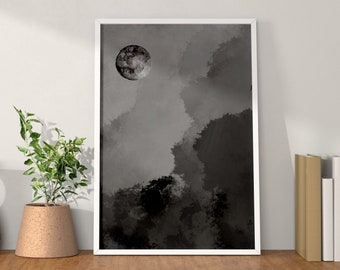Moon Painting Art Print, Black and White Moon and Clouds, Living Room Decor, Moon Art, Moon Print