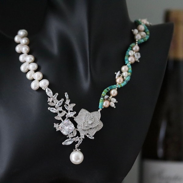 Wedding Boho Pearl Necklace Handmade Freshwater Pearl Necklace Tourquois Twist Necklace Diamond Flower Pendant Dangle Necklace Bridal