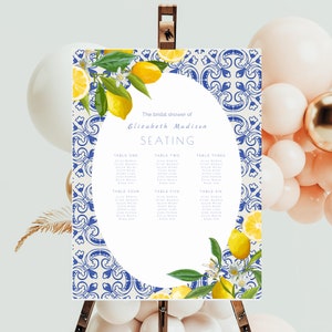 Puede incluir: Un fondo de azulejos blancos y azules con un diseño de limonero. El texto "The bridal shower of Elizabeth Madison Seating" está en la parte superior de la página. La página está dividida en seis secciones, cada una con un número de mesa y una lista de nombres.