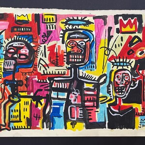 May include: A vibrant painting on paper featuring three stylized figures with skeletal features, bold black outlines, and expressive brushstrokes in red, yellow, blue, and pink. The composition includes crown motifs and the initials JMB in the corner.