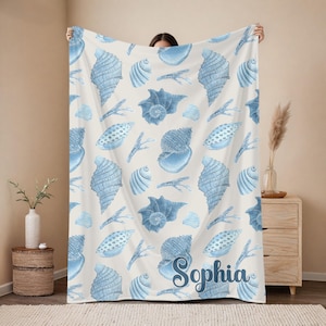 Personalized Beach Throw Blanket: Blue Seashell Fleece, Coastal Decor