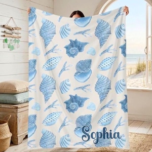 Personalized Beach Blanket Custom Name Seashell Blanket Coastal Summer Throw Ocean Blue Shell Gift Shore House Housewarming