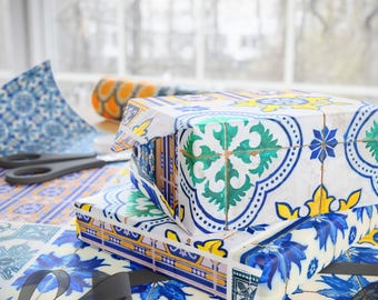 Azulejos Tiles Gift Wrap Portugal Gift Paper Blue Pattern Birthday Present Elegant Holiday Wrapping Material Decorative Art Design Portugese