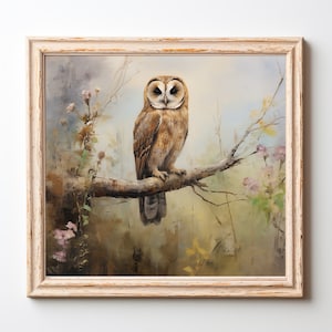 Majestic | Barn Owl | Tree Branch | Oil Painting | Retro | Vintage | Barn | Owls | Clean