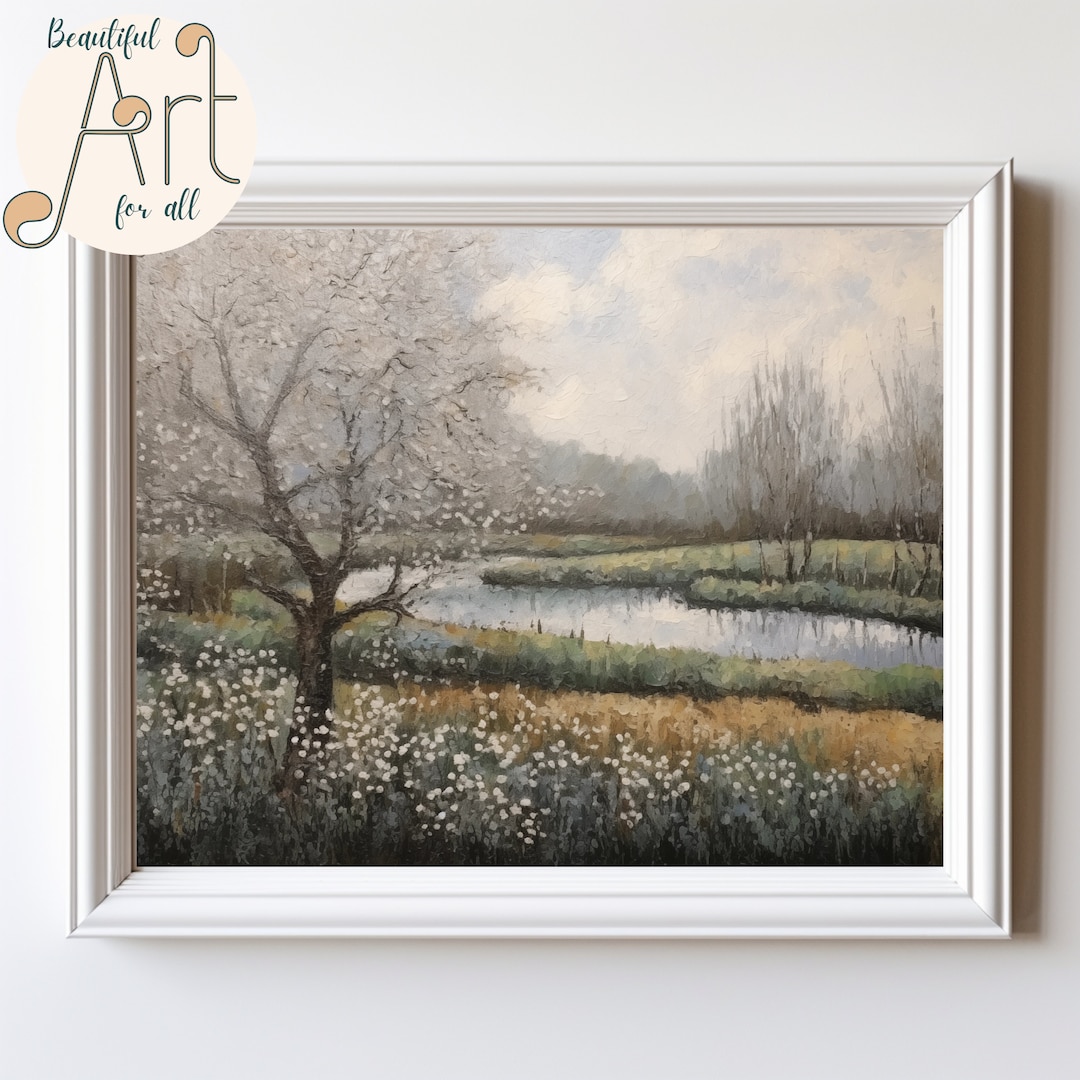 Antique Printable Spring Landscape Vintage Spring River Painting Rustic ...
