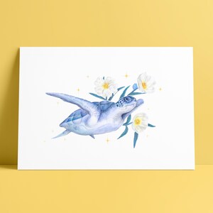 IMPRESSION en ÉDITION LIMITÉE « Tortue caouanne et cistes de Montpellier »,   illustration, art animalier, art mural, aquarelle, cadeau