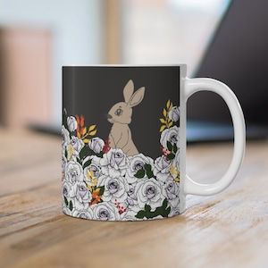 Handmade Ceramic Flower Coffee Cup, Rabbit Print Floral Mug, Unique Rabbit Lovers, Coffee Mug, Ceramic Rabbit Cup, Gift for Rabbit Lovers