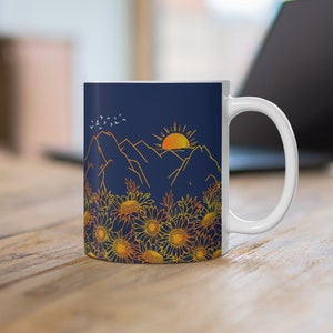 Handgemachte Keramik Blumen Kaffeetasse, niedliche Sonnenblume Print Becher, Botanische Druck Kaffeetasse, Künstlerische Keramik Tasse, Vintage Boho Keramikbecher