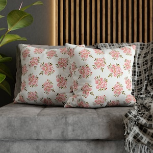 Handmade Square Flower Cushion Cover, Double Sided Reversible Floral Pillow, Botanical Print Home Decor, Vintage Boho cotton Pillow Case