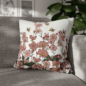 Handmade Square Flower Cushion Cover, Double Sided Reversible Floral Pillow, Botanical Print Home Decor, Vintage Boho cotton Pillow Case