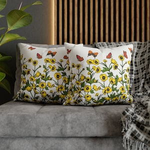 Handmade Square Flower Cushion Cover, Double Sided Reversible Floral Pillow, Botanical Print Home Decor, Vintage Boho cotton Pillow Case