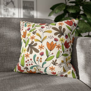 Housse de coussin fleurs carrées faites main, oreiller floral réversible double face, décoration d&#39;intérieur à imprimé botanique, taie d&#39;oreiller en coton bohème vintage