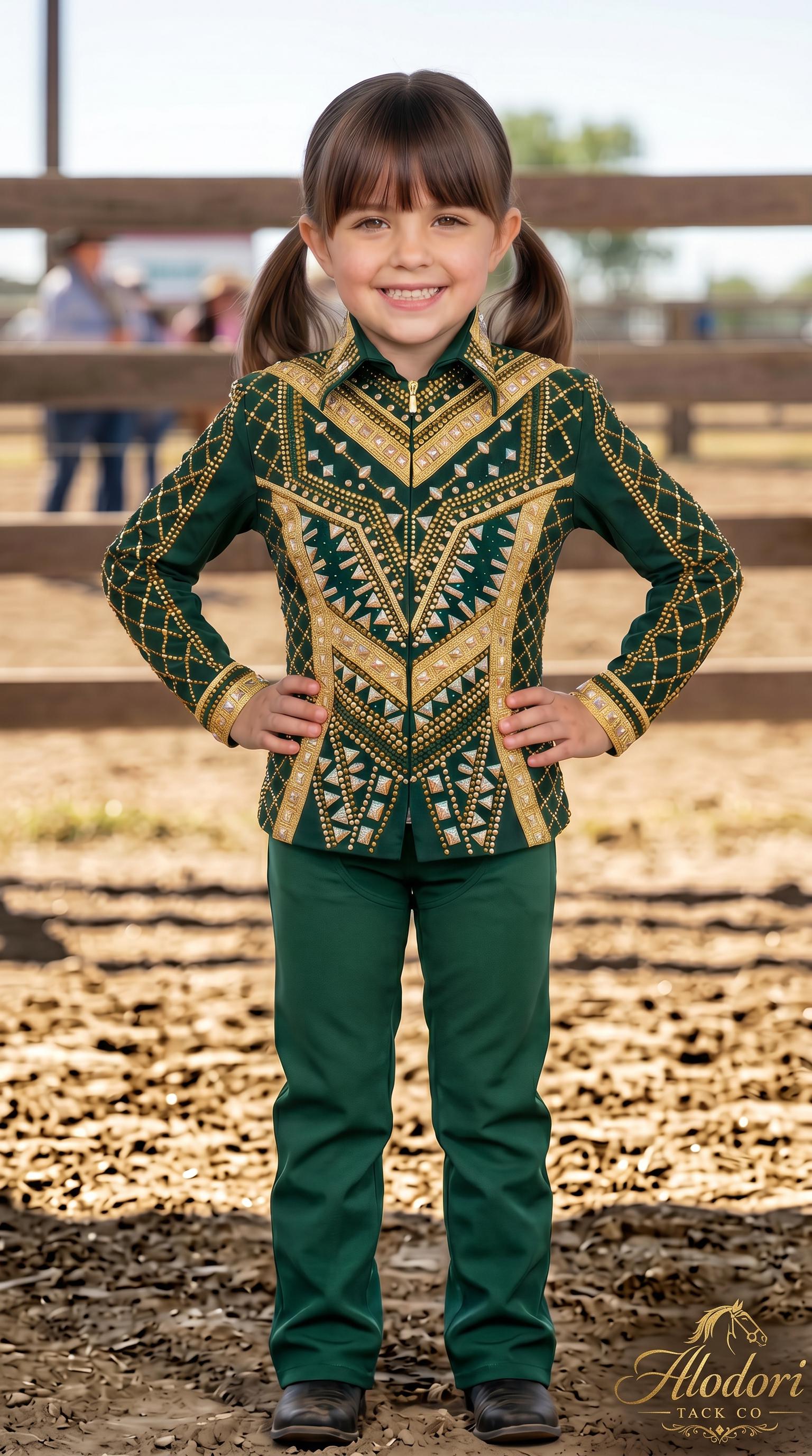 Youth Show Clothing Green, Gold & White Rodeo Queen Showmanship Jacket Matching Trousers