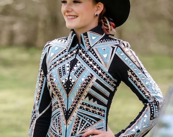 Chaqueta de espectáculo para reina del rodeo, color azul cielo, blanco y cobre.