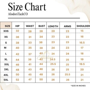 Puede incluir: Una tabla de tallas de AlodoriTackCo, con medidas en pulgadas. La tabla incluye tallas de XXS a 5XL, detallando medidas de cadera, cintura, busto, largo, brazos y hombros. El texto "Size Chart" est&aacute; en la parte superior.