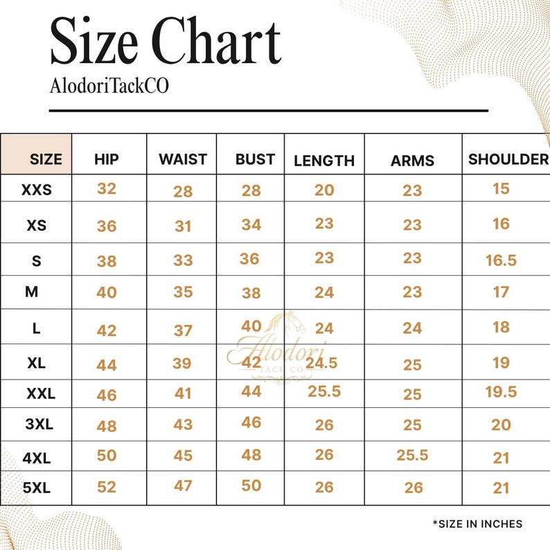 Puede incluir: Una tabla de tallas de AlodoriTackCo, con medidas en pulgadas. La tabla incluye tallas de XXS a 5XL, detallando medidas de cadera, cintura, busto, largo, brazos y hombros. El texto "Size Chart" est&aacute; en la parte superior.