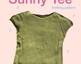 May include: A short-sleeved, olive green knitted t-shirt with a round neckline. The text "the Sunny Tee knitting pattern" is displayed in pink and light blue above the garment, surrounded by small light blue diamond-shaped star icons.