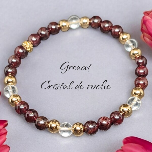 bracelet femme en Grenat et cristal de Roche, bijou pierre semi précieuse - bracelet en plaqué Or 17.5cm, bijou de purification