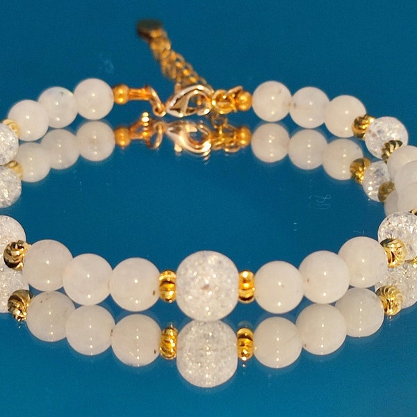 Bracelet Pierre de Lune Cristal de Roche craquelé Bijou Pour Elle Bracelet Fantaisie blanc et or Bijou plaqué  Or et perles blanches