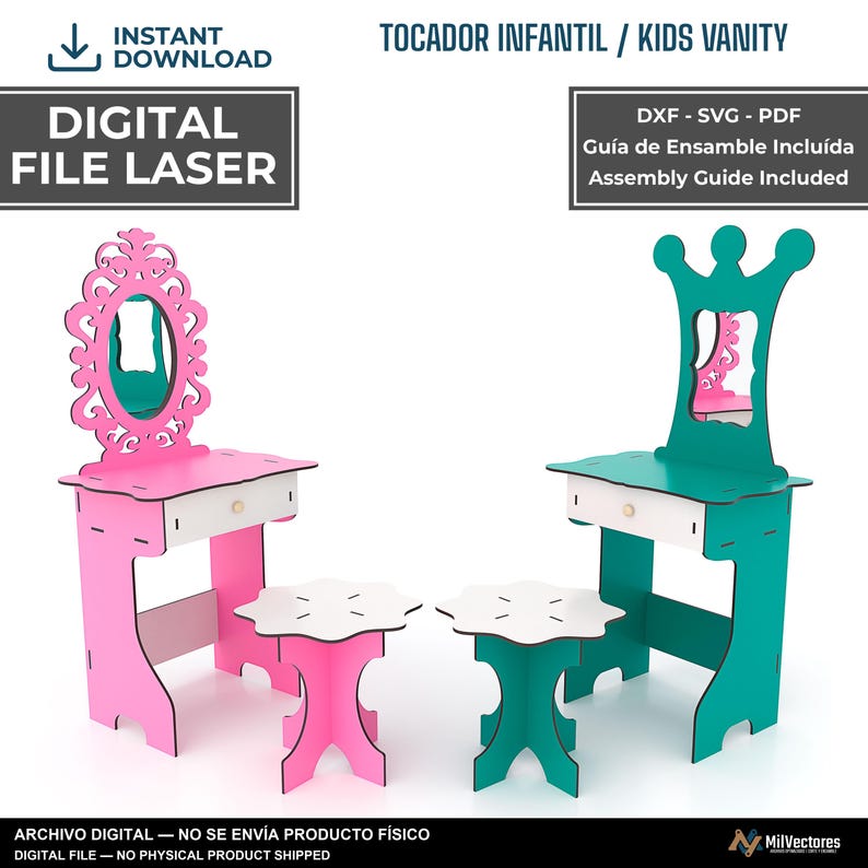 May include: Digital laser file for a kids vanity set including DXF, SVG, and PDF formats with an assembly guide. The set features two vanity tables with mirrors and matching stools in pink and teal, each with a white drawer and a small knob.