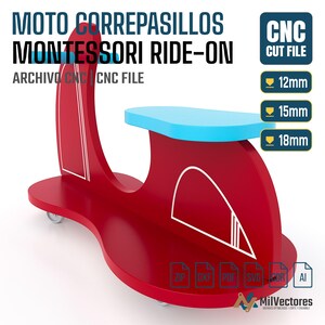 May include: A red ride-on toy with a light blue seat and handlebars, featuring white line accents. Text includes MOTO CORREPASILLOS MONTESSORI RIDE-ON, CNC CUT FILE, and 12mm, 15mm, 18mm. File formats ZIP, DXF, PDF, SVG, CDR, and AI are listed.