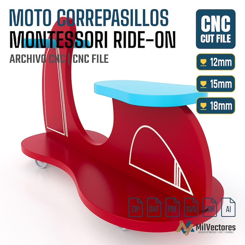 May include: A red ride-on toy with a light blue seat and handlebars, featuring white line accents. Text includes MOTO CORREPASILLOS MONTESSORI RIDE-ON, CNC CUT FILE, and 12mm, 15mm, 18mm. File formats ZIP, DXF, PDF, SVG, CDR, and AI are listed.