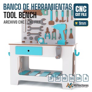May include: A white and light blue wooden toy tool bench with a pegboard back featuring various hanging tool cutouts, a drawer, a side crank, and a lower shelf. Text includes BANCO DE HERRAMIENTAS, TOOL BENCH, CNC CUT FILE, and 9mm.