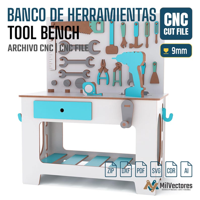 May include: A white and light blue wooden toy tool bench with a pegboard back featuring various hanging tool cutouts, a drawer, a side crank, and a lower shelf. Text includes BANCO DE HERRAMIENTAS, TOOL BENCH, CNC CUT FILE, and 9mm.