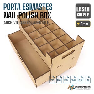 May include: A light brown wooden nail polish box with a grid of compartments and a pull-out drawer. The text reads PORTA ESMALTES NAIL POLISH BOX, LASER CUT FILE, 3mm, and includes icons for ZIP, DXF, PDF, SVG, CDR, and AI file formats.