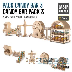 May include: A laser cut file set for a 3mm thick wooden candy bar display, including a miniature carnival-themed cart, slide, swing ride, Ferris wheel, and a three-tiered cupcake stand. The digital files are provided in ZIP, DXF, PDF, SVG, CDR, and AI formats.
