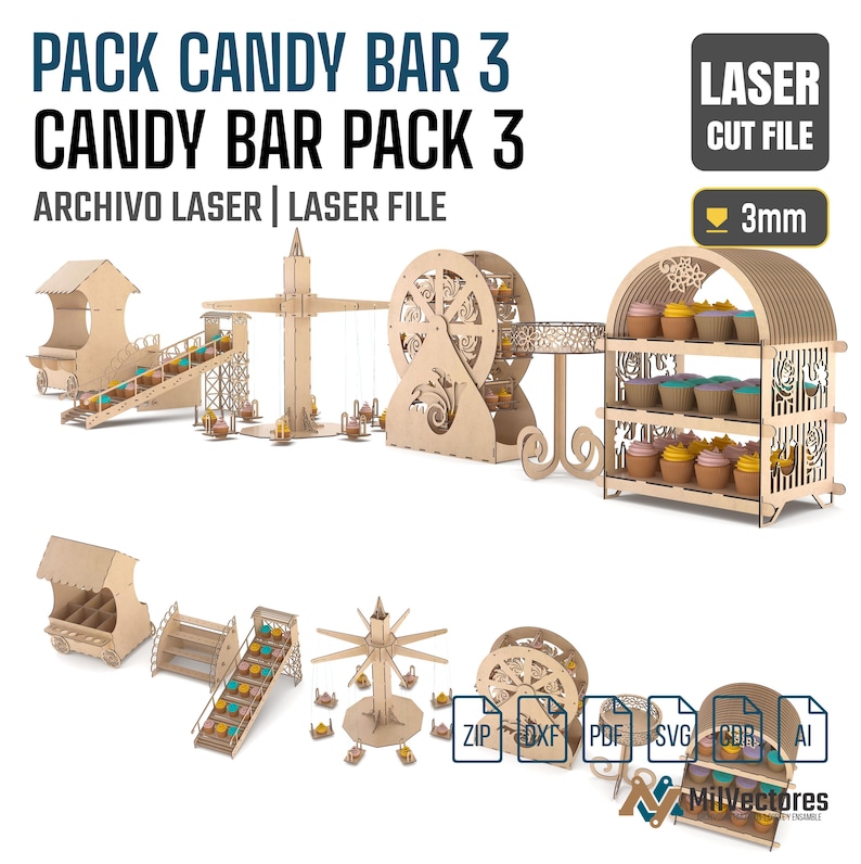 May include: A laser cut file set for a 3mm thick wooden candy bar display, including a miniature carnival-themed cart, slide, swing ride, Ferris wheel, and a three-tiered cupcake stand. The digital files are provided in ZIP, DXF, PDF, SVG, CDR, and AI formats.