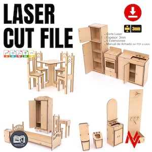 Duże meble dla lalek 29cm wys. Plik do cięcia laserowego Meble do domku dla lalek, plan cyfrowy grubość 3mm Plik do cięcia laserowego dxf