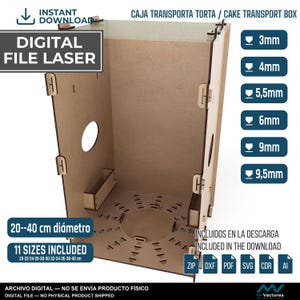 May include: A digital laser cut file for a cake transport box. The beige wooden structure features a circular base with markings for 20 to 40 cm diameters. Includes 11 sizes and 6 material thicknesses from 3mm to 9.5mm. File formats include ZIP, DXF, PDF, SVG, CDR, and AI.