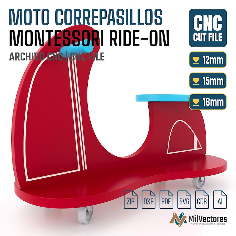 May include: A red ride-on toy with a blue seat and handlebars, featuring white line details. The image includes text: MOTO CORREPASILLOS MONTESSORI RIDE-ON, CNC CUT FILE, and icons for 12mm, 15mm, 18mm, ZIP, DXF, PDF, SVG, CDR, AI, and MilVectores.