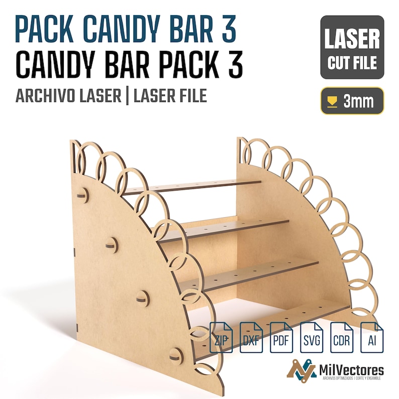 May include: A light brown wooden laser cut file for a three-tiered candy bar display stand. The structure features side panels with a decorative circular pattern and horizontal shelves with pre-cut holes. Text includes PACK CANDY BAR 3, LASER CUT FILE, and 3mm.