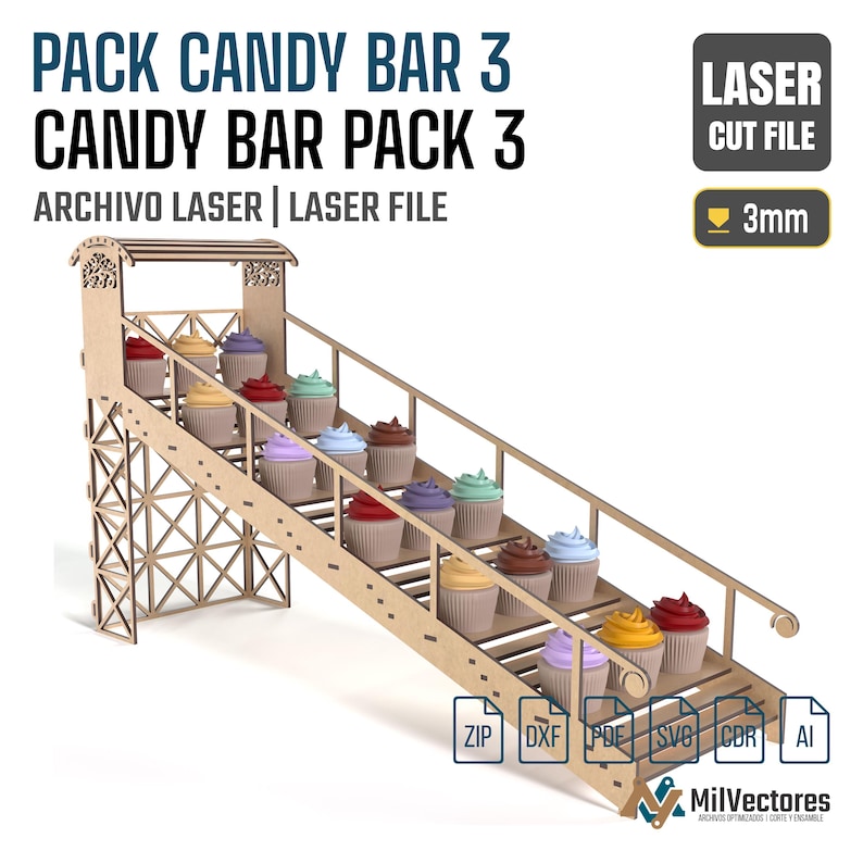 May include: A light brown wooden laser cut display stand with a sloped design and a roofed top section. The stand features a lattice support structure and holds multiple colorful cupcakes. Text includes PACK CANDY BAR 3, LASER CUT FILE, and 3mm.