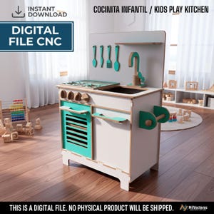 May include: A white and teal wooden play kitchen featuring a stovetop, sink, tap, and hanging utensils. The unit includes a cabinet door, an oven door with slats, and a side towel rack. Text reads: INSTANT DOWNLOAD, DIGITAL FILE CNC, COCINITA INFANTIL / KIDS PLAY KITCHEN, THIS IS A DIGITAL FILE. NO PHYSICAL PRODUCT WILL BE SHIPPED.