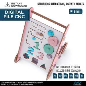 May include: A digital CNC file for an interactive activity walker featuring a white board with a maze, colorful gears, numbers 1, 2, and 3, and geometric shape cutouts. The design includes a 9mm material thickness indicator and text labels.