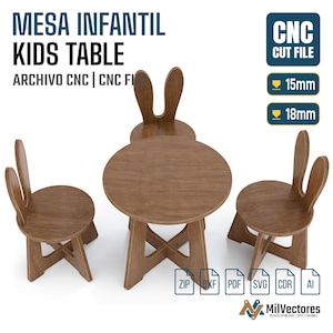 K&ouml;nnte beinhalten: Ein brauner Holztisch und drei St&uuml;hle f&uuml;r Kinder mit R&uuml;ckenlehnen in Hasenohrform. Das Bild enth&auml;lt den Text: MESA INFANTIL KIDS TABLE, CNC CUT FILE, 15mm, 18mm, ZIP, DXF, PDF, SVG, CDR, AI und MilVectores. Die M&ouml;bel haben ein Kreuzgestell.