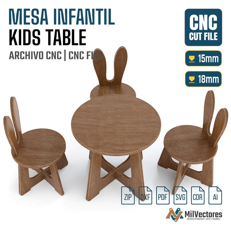 K&ouml;nnte beinhalten: Ein brauner Holztisch und drei St&uuml;hle f&uuml;r Kinder mit R&uuml;ckenlehnen in Hasenohrform. Das Bild enth&auml;lt den Text: MESA INFANTIL KIDS TABLE, CNC CUT FILE, 15mm, 18mm, ZIP, DXF, PDF, SVG, CDR, AI und MilVectores. Die M&ouml;bel haben ein Kreuzgestell.