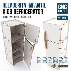 May include: A white kids refrigerator CNC cut file for 9mm material. The design features a two-door unit with internal shelves and handles. Text includes HELADERITA INFANTIL, KIDS REFRIGERATOR, ARCHIVO CNC, CNC FILE, and file formats ZIP, DXF, PDF, SVG, CDR, AI.