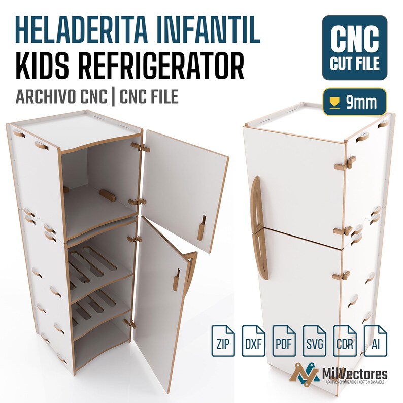 May include: A white kids refrigerator CNC cut file for 9mm material. The design features a two-door unit with internal shelves and handles. Text includes HELADERITA INFANTIL, KIDS REFRIGERATOR, ARCHIVO CNC, CNC FILE, and file formats ZIP, DXF, PDF, SVG, CDR, AI.