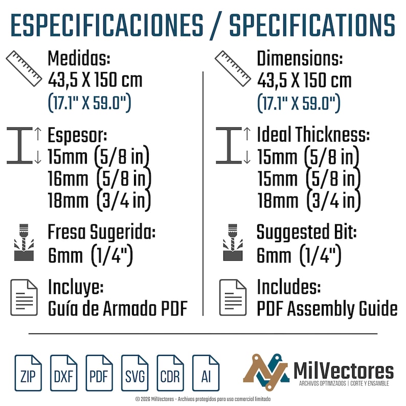 May include: A graphic with specifications for a product, including dimensions of 17.1" x 59.0" (43.5 x 150 cm), ideal thickness options, and a suggested bit size of 1/4" (6mm). Includes a PDF assembly guide.