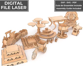 Può includere: Una collezione di pezzi da esposizione in legno tagliati al laser, tra cui un treno, supporti a più livelli, un carretto a bicicletta, un tavolo, una giostra e un ponte. L'immagine contiene il testo: PACK CANDY BAR / CANDY BAR PACK 2, DIGITAL FILE LASER.