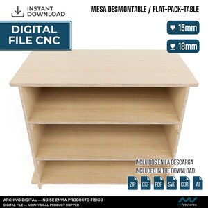 May include: A light-colored wooden flat-pack table with three open shelves. The image includes text labels for digital file CNC, 15mm and 18mm material thickness, and a list of included file formats like ZIP, DXF, PDF, SVG, CDR, and AI.